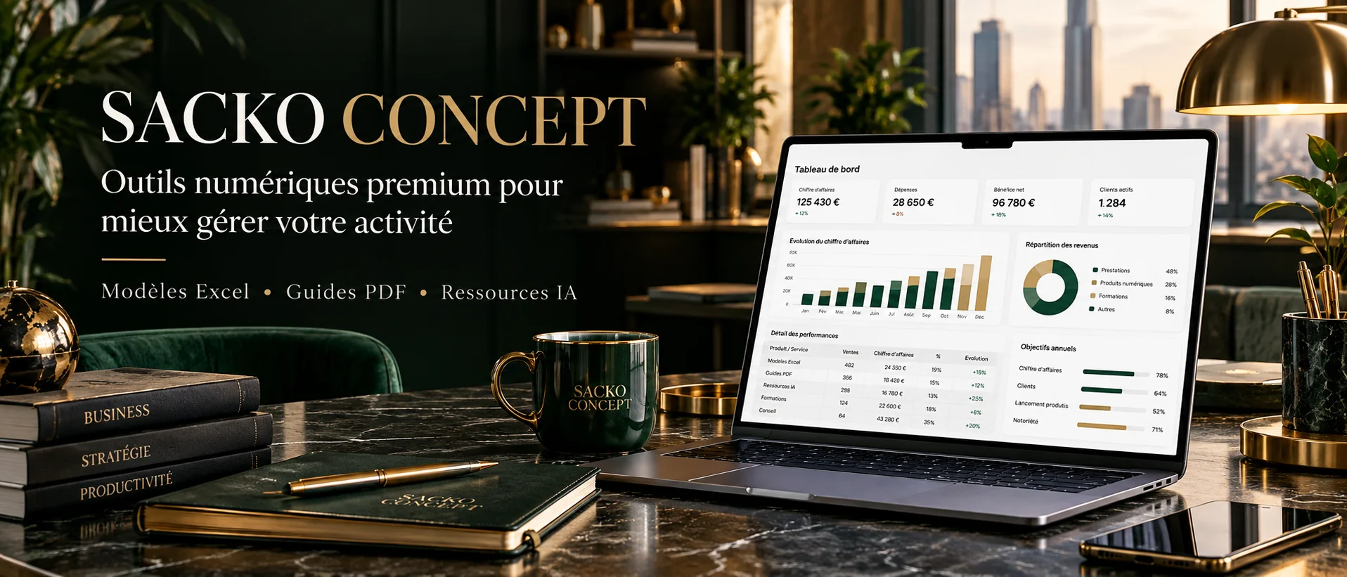 Bannière SACKO CONCEPT, bureau et tableau de bord Excel