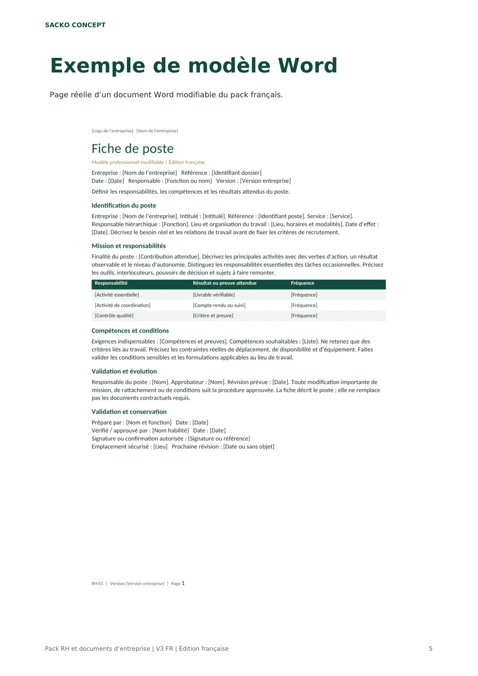 Actual extract of a Word job description from the French pack