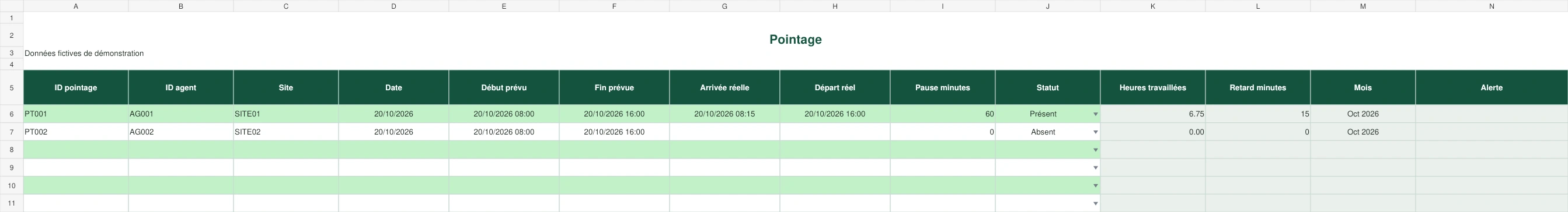 Actual preview of the Excel attendance register in French