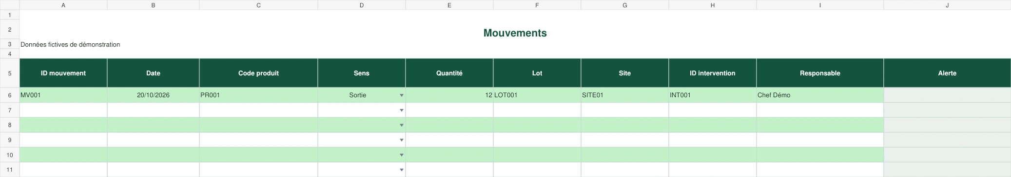 Actual preview of the Excel stock movement register in French